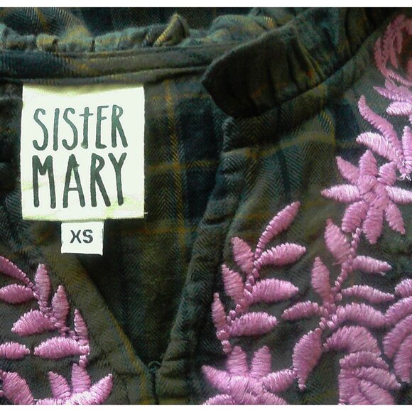 Sister Mary Cotton Plaid Purple floral Embroidered Camilla Top XS - Picture 7 of 9